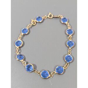 Vintage Swan Swarovski Blue Crystal Bezel Chain Bracelet Gold Tone 8.5 inch